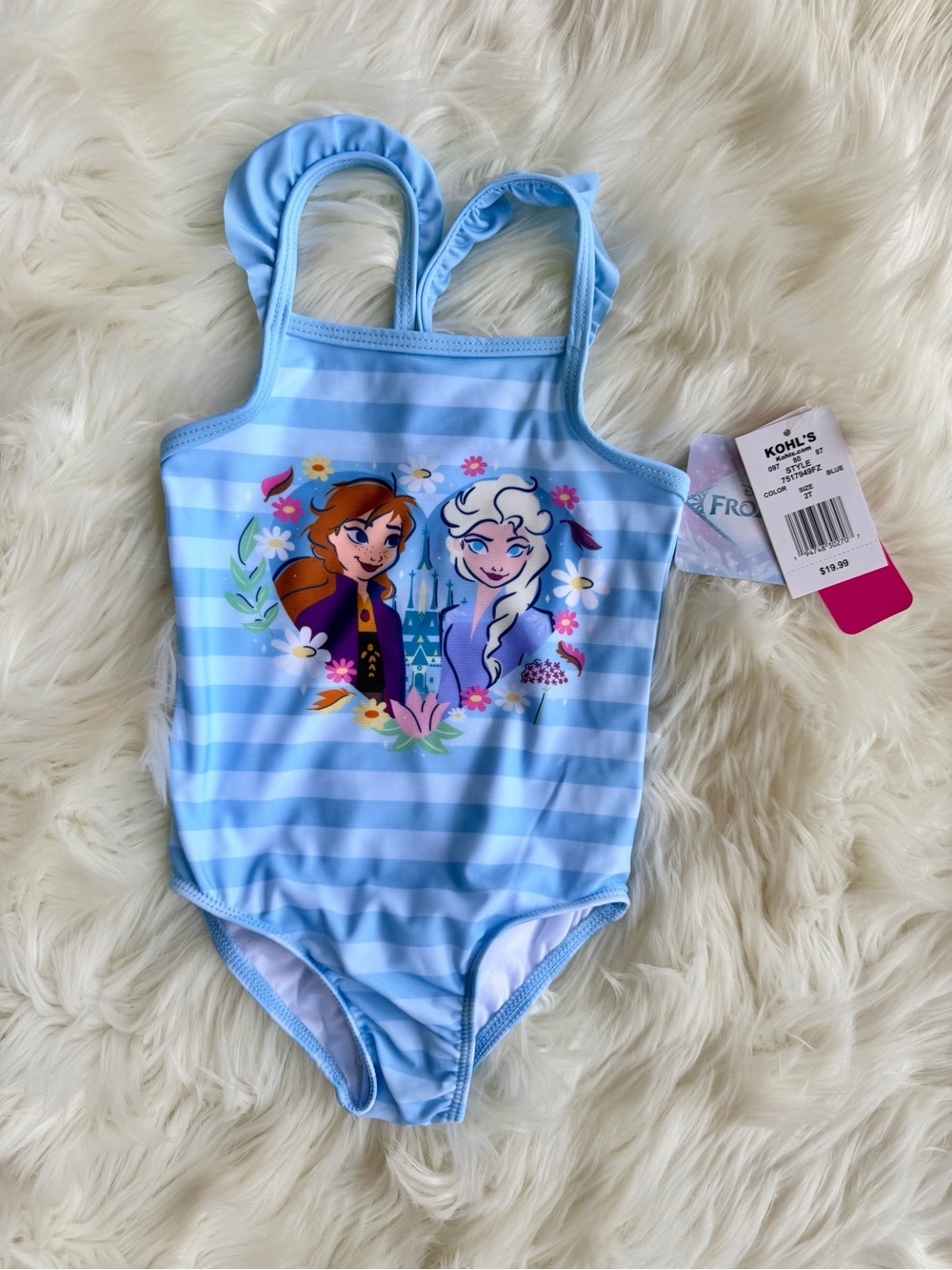 Disney Light Blue and White Striped Frozen Anna & Elsa One-Piece Swimsuit